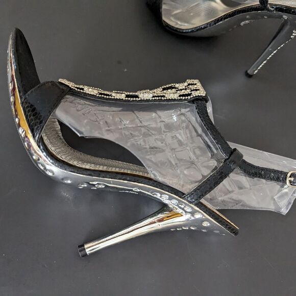 Celeste Black Rhinestone Heels – Size 7 – Strappy T-Strap Sandals - Picture 3 of 13